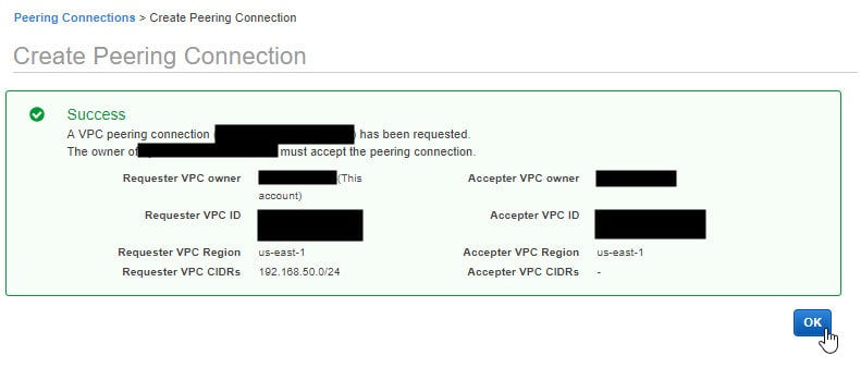 Create AWS peering connection confirmation